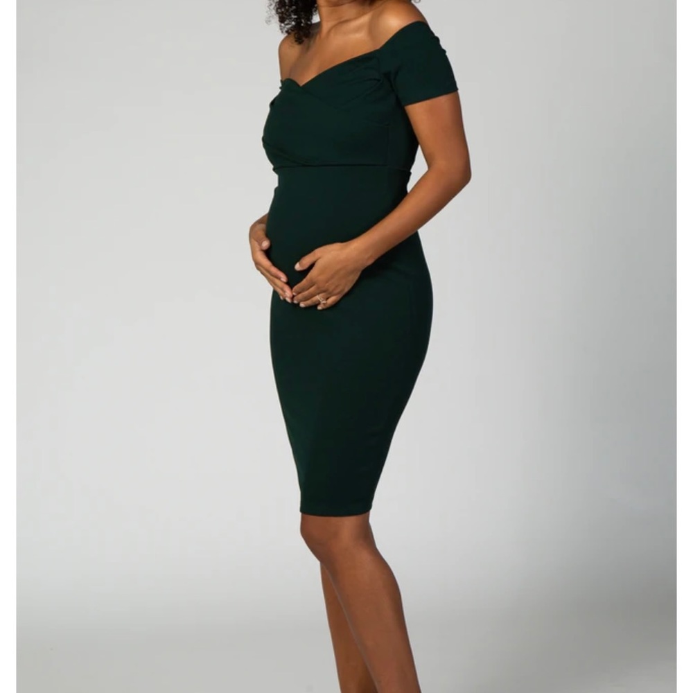 Pink Blush Maternity forest green off the shoulder dress. Medium